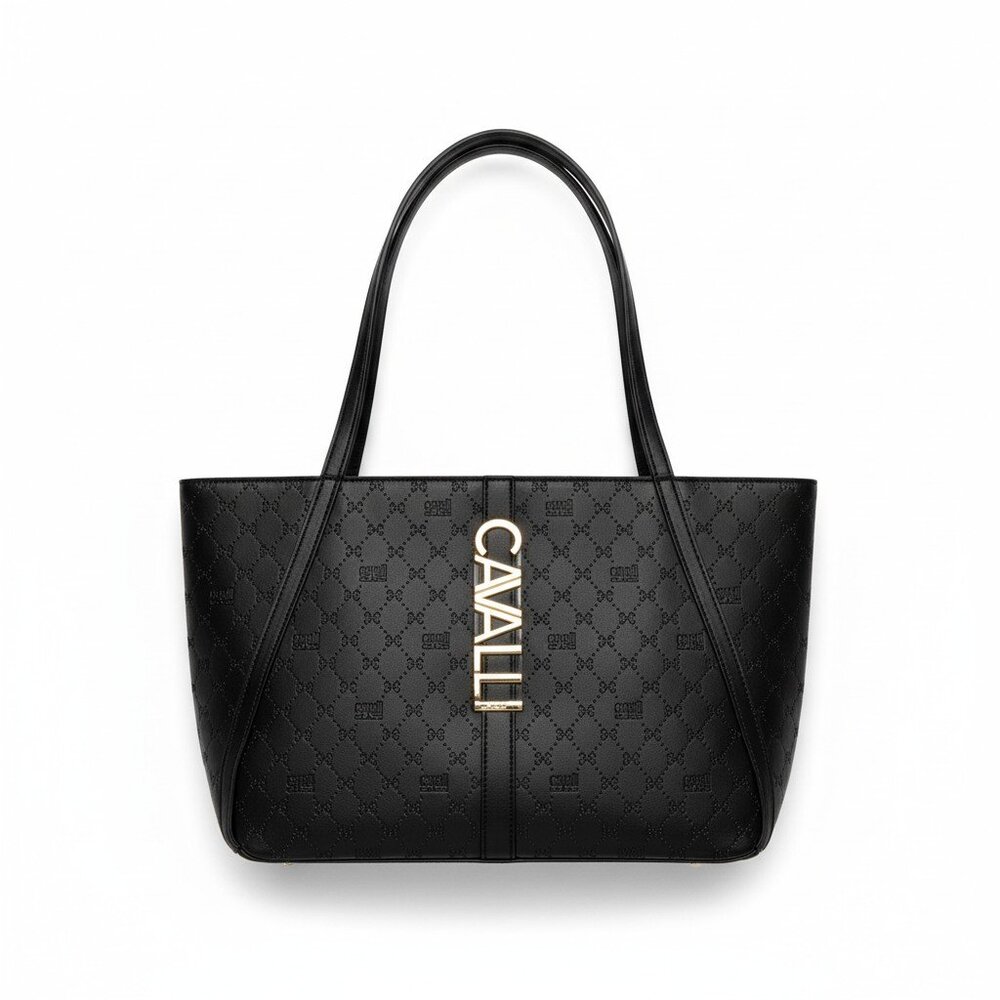 Cavalli Class Sandra Shopper Faux Leather Logo‎ Tote Bag NWT Black Textured